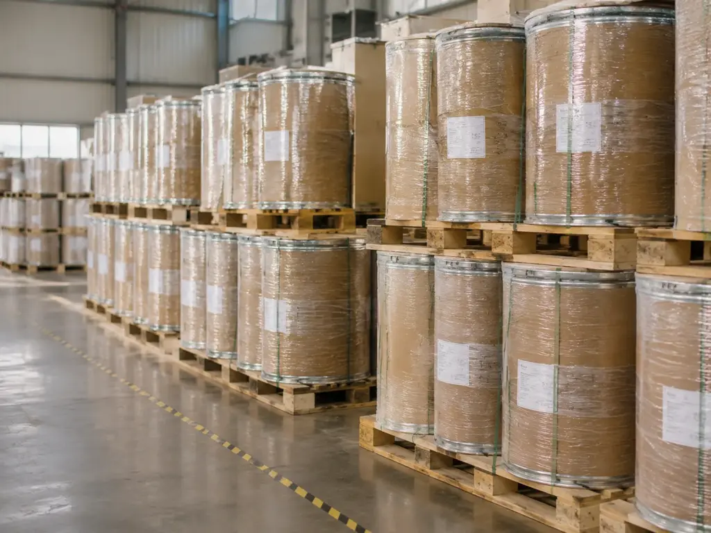 Povidone K30 supplier warehouse with bulk chemical drums and export packaging